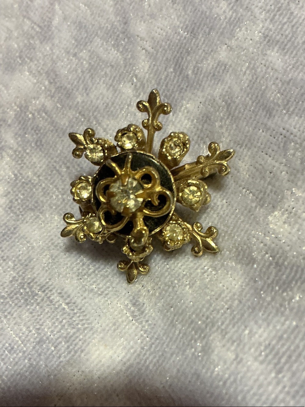 Gold Button Brooch with Clear Stones